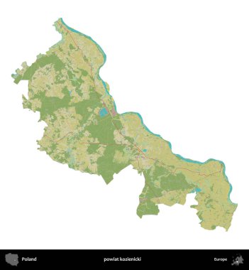 Kozienicki İlçesi. Polonya idari bölgesi bir OpenStreetMap İnsani Haritası haritasında beyaza izole edildi