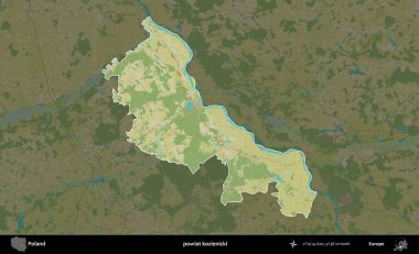 Kozienicki İlçesi. Polonya 'nın idari alanı karanlık bir OpenStreetMap İnsani Haritası' na vurgulandı ve özetlendi