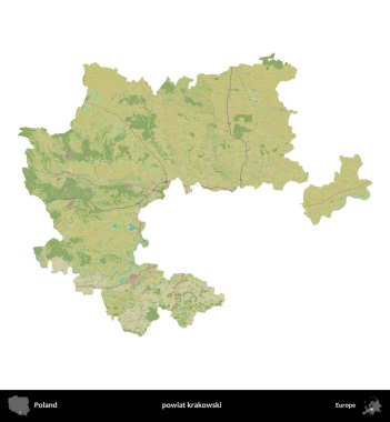 Krakowski İlçesi. Polonya idari bölgesi bir OpenStreetMap İnsani Haritası haritasında beyaza izole edildi