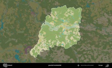 Krosnienski İlçesi. Polonya 'nın idari alanı karanlık bir OpenStreetMap İnsani Haritası' na vurgulandı ve özetlendi