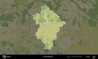 Lancucki ilçesi. Polonya 'nın idari alanı karanlık bir OpenStreetMap İnsani Haritası' na vurgulandı ve özetlendi