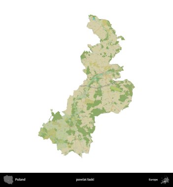 Laski ilçesi. Polonya idari bölgesi bir OpenStreetMap İnsani Haritası haritasında beyaza izole edildi