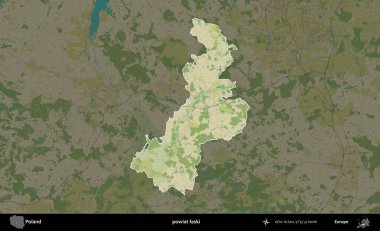 Laski ilçesi. Polonya 'nın idari alanı karanlık bir OpenStreetMap İnsani Haritası' na vurgulandı ve özetlendi