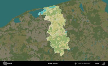 Leborski İlçesi. Polonya 'nın idari alanı karanlık bir OpenStreetMap İnsani Haritası' na vurgulandı ve özetlendi