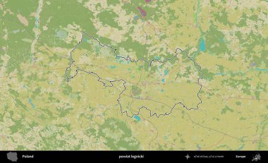 Legnicki İlçesi. Polonya 'nın idari alanı bir OpenStreetMap İnsani Harita stil haritasında özetlendi