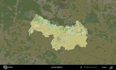 Legnicki İlçesi. Polonya 'nın idari alanı karanlık bir OpenStreetMap İnsani Haritası' na vurgulandı ve özetlendi