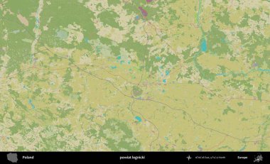 Legnicki İlçesi. Bir OpenStreetMap İnsani Haritası üzerinde Polonya 'nın idari alanı