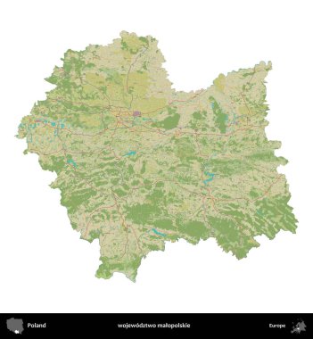 Malopolskie Eyaleti. Polonya idari bölgesi bir OpenStreetMap İnsani Haritası haritasında beyaza izole edildi