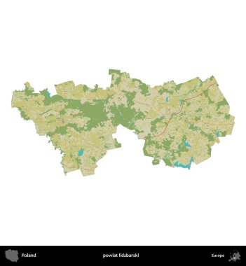 Lidzbarski İlçesi. Polonya idari bölgesi bir OpenStreetMap İnsani Haritası haritasında beyaza izole edildi