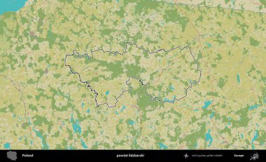 Lidzbarski İlçesi. Polonya 'nın idari alanı bir OpenStreetMap İnsani Harita stil haritasında özetlendi
