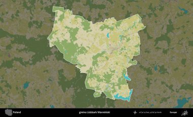 Lidzbark Warminski Komünü. Polonya 'nın idari alanı karanlık bir OpenStreetMap İnsani Haritası' na vurgulandı ve özetlendi