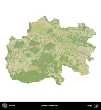 Limanowski ilçesi. Polonya idari bölgesi bir OpenStreetMap İnsani Haritası haritasında beyaza izole edildi