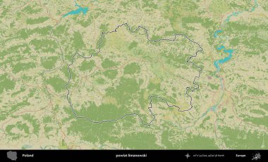 Limanowski ilçesi. Polonya 'nın idari alanı bir OpenStreetMap İnsani Harita stil haritasında özetlendi