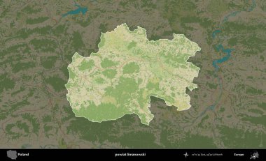 Limanowski ilçesi. Polonya 'nın idari alanı karanlık bir OpenStreetMap İnsani Haritası' na vurgulandı ve özetlendi