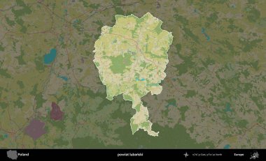 Lubanski İlçesi. Polonya 'nın idari alanı karanlık bir OpenStreetMap İnsani Haritası' na vurgulandı ve özetlendi
