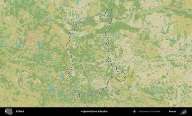 Lubuskie Eyaleti. Polonya 'nın idari alanı bir OpenStreetMap İnsani Harita stil haritasında özetlendi