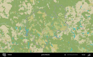 Miastko Komünü. Polonya 'nın idari alanı bir OpenStreetMap İnsani Harita stil haritasında özetlendi