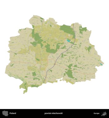Miechowski İlçesi. Polonya idari bölgesi bir OpenStreetMap İnsani Haritası haritasında beyaza izole edildi