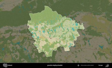 Miedzychodzki İlçesi. Polonya 'nın idari alanı karanlık bir OpenStreetMap İnsani Haritası' na vurgulandı ve özetlendi