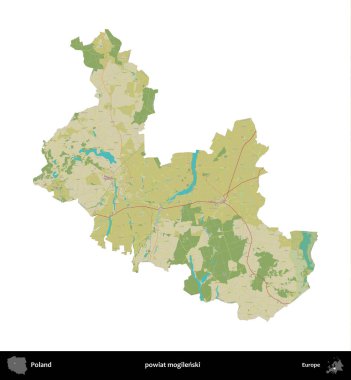 Mogilenski İlçesi. Polonya idari bölgesi bir OpenStreetMap İnsani Haritası haritasında beyaza izole edildi