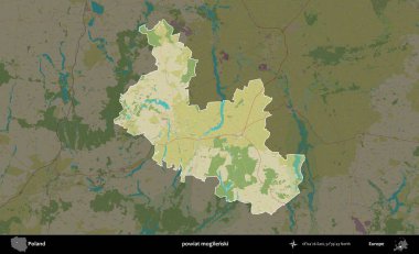 Mogilenski İlçesi. Polonya 'nın idari alanı karanlık bir OpenStreetMap İnsani Haritası' na vurgulandı ve özetlendi