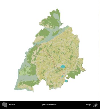 Moniecki İlçesi. Polonya idari bölgesi bir OpenStreetMap İnsani Haritası haritasında beyaza izole edildi