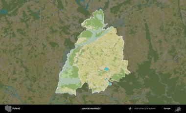 Moniecki İlçesi. Polonya 'nın idari alanı karanlık bir OpenStreetMap İnsani Haritası' na vurgulandı ve özetlendi