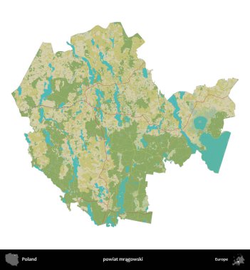 Mragowski İlçesi. Polonya idari bölgesi bir OpenStreetMap İnsani Haritası haritasında beyaza izole edildi