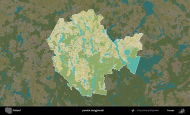 Mragowski İlçesi. Polonya 'nın idari alanı karanlık bir OpenStreetMap İnsani Haritası' na vurgulandı ve özetlendi