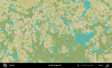 Mragowski İlçesi. Polonya 'nın idari alanı bir OpenStreetMap İnsani Harita stil haritasında özetlendi
