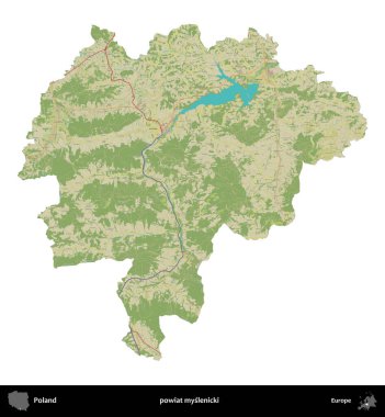 Myslenicki İlçesi. Polonya idari bölgesi bir OpenStreetMap İnsani Haritası haritasında beyaza izole edildi