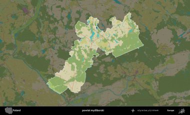 Mysliborski İlçesi. Polonya 'nın idari alanı karanlık bir OpenStreetMap İnsani Haritası' na vurgulandı ve özetlendi