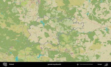 Myszkowski İlçesi. Polonya 'nın idari alanı bir OpenStreetMap İnsani Harita stil haritasında özetlendi