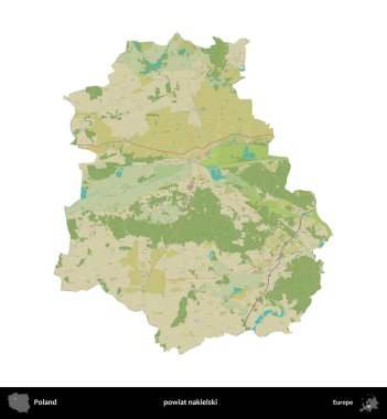 Nakielski İlçesi. Polonya idari bölgesi bir OpenStreetMap İnsani Haritası haritasında beyaza izole edildi