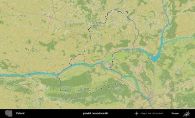 Nowodworski ilçesi. Polonya 'nın idari alanı bir OpenStreetMap İnsani Harita stil haritasında özetlendi