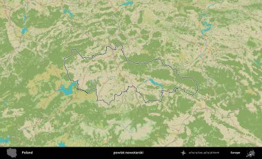 Nowotarski ilçesi. Polonya 'nın idari alanı bir OpenStreetMap İnsani Harita stil haritasında özetlendi
