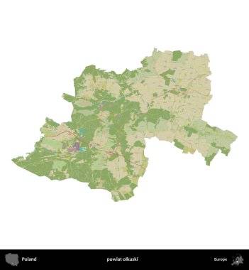 Olkuski İlçesi. Polonya idari bölgesi bir OpenStreetMap İnsani Haritası haritasında beyaza izole edildi