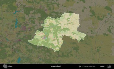 Olkuski İlçesi. Polonya 'nın idari alanı karanlık bir OpenStreetMap İnsani Haritası' na vurgulandı ve özetlendi