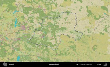 Olkuski İlçesi. Polonya 'nın idari alanı bir OpenStreetMap İnsani Harita stil haritasında özetlendi