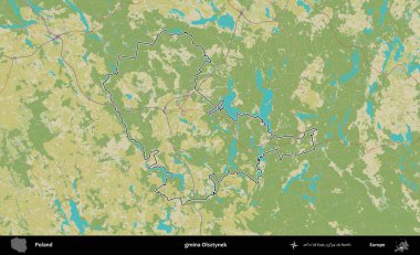 Olsztynek Komünü. Polonya 'nın idari alanı bir OpenStreetMap İnsani Harita stil haritasında özetlendi