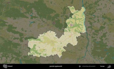 Opatowski ilçesi. Polonya 'nın idari alanı karanlık bir OpenStreetMap İnsani Haritası' na vurgulandı ve özetlendi
