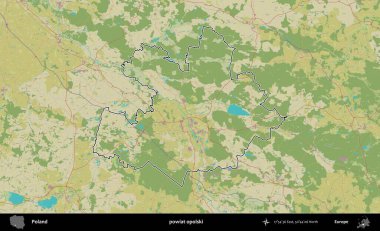 Opolski İlçesi. Polonya 'nın idari alanı bir OpenStreetMap İnsani Harita stil haritasında özetlendi