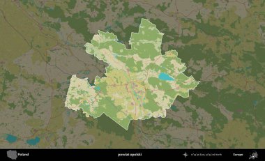 Opolski İlçesi. Polonya 'nın idari alanı karanlık bir OpenStreetMap İnsani Haritası' na vurgulandı ve özetlendi