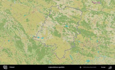 Opolskie Eyaleti. Polonya 'nın idari alanı bir OpenStreetMap İnsani Harita stil haritasında özetlendi