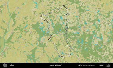 Ostrodzki İlçesi. Polonya 'nın idari alanı bir OpenStreetMap İnsani Harita stil haritasında özetlendi