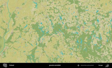 Ostrodzki İlçesi. Bir OpenStreetMap İnsani Haritası üzerinde Polonya 'nın idari alanı