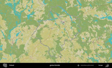 Ostroda Komünü. Polonya 'nın idari alanı bir OpenStreetMap İnsani Harita stil haritasında özetlendi