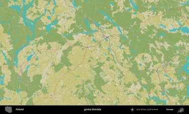 Ostroda Komünü. Bir OpenStreetMap İnsani Haritası üzerinde Polonya 'nın idari alanı