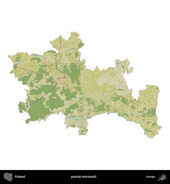 Ostrowski İlçesi. Polonya idari bölgesi bir OpenStreetMap İnsani Haritası haritasında beyaza izole edildi