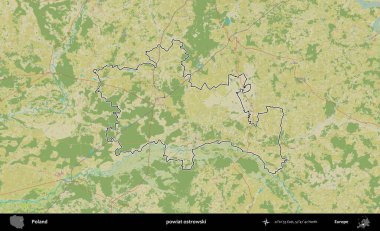 Ostrowski İlçesi. Polonya 'nın idari alanı bir OpenStreetMap İnsani Harita stil haritasında özetlendi